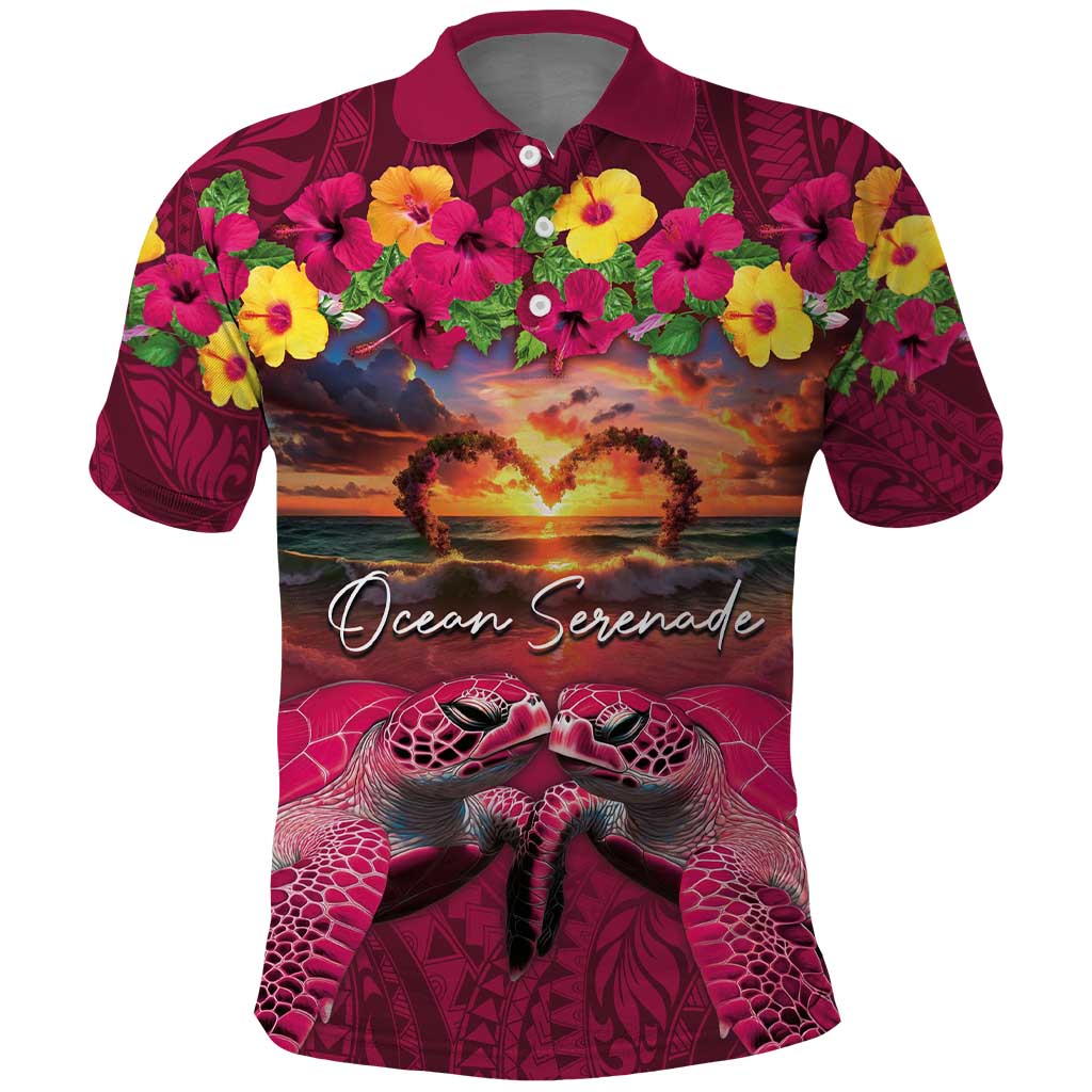 Hawaiian Turtle Love Couple Polo Shirt Ocean Serenade - Honu Honi Ihu with Hibiscus and Romantic Sunset Pink Color LT03 Pink - Polynesian Pride