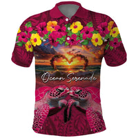 Hawaiian Turtle Love Couple Polo Shirt Ocean Serenade - Honu Honi Ihu with Hibiscus and Romantic Sunset Pink Color LT03 Pink - Polynesian Pride
