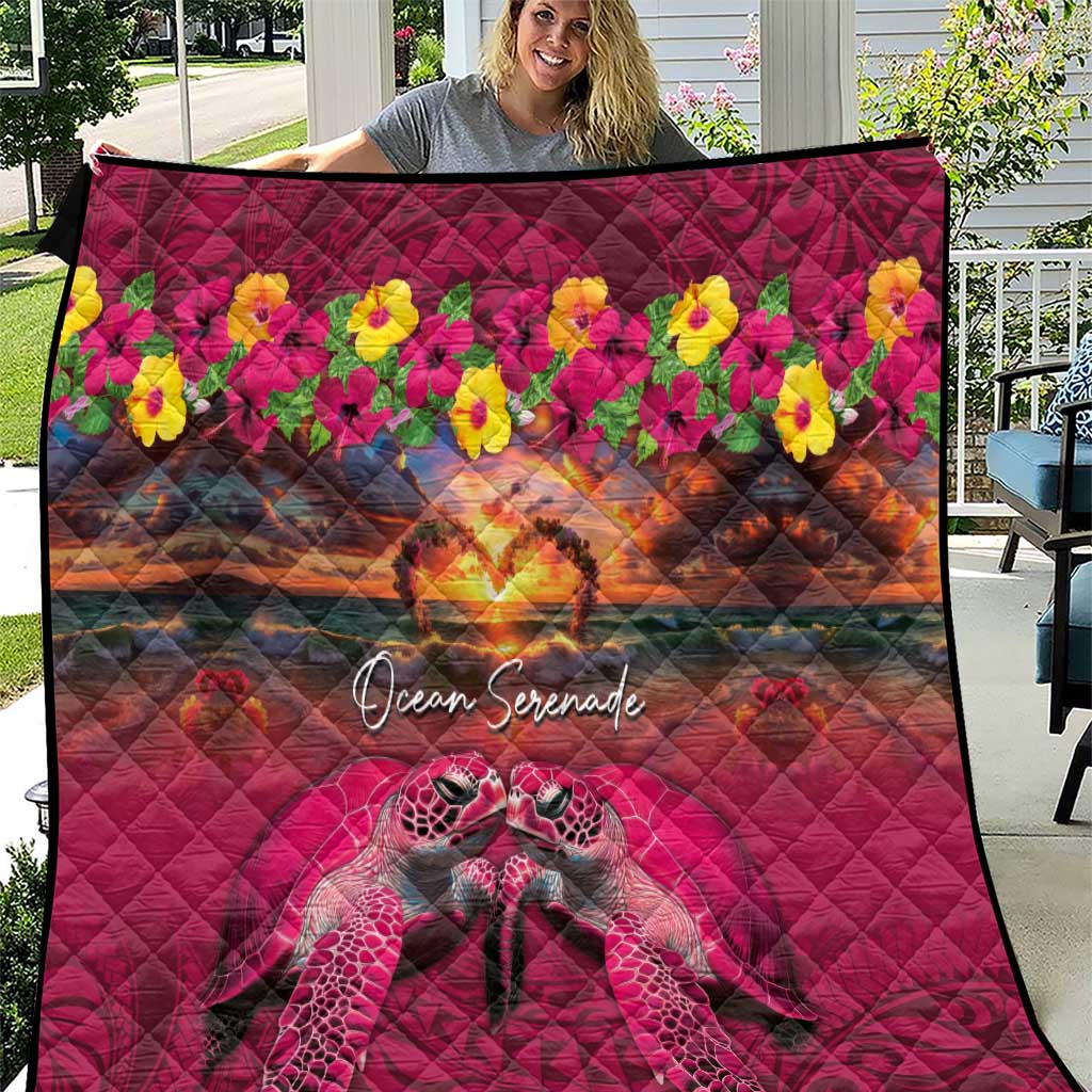 Hawaiian Turtle Love Couple Quilt Ocean Serenade - Honu Honi Ihu with Hibiscus and Romantic Sunset Pink Color LT03 Pink - Polynesian Pride