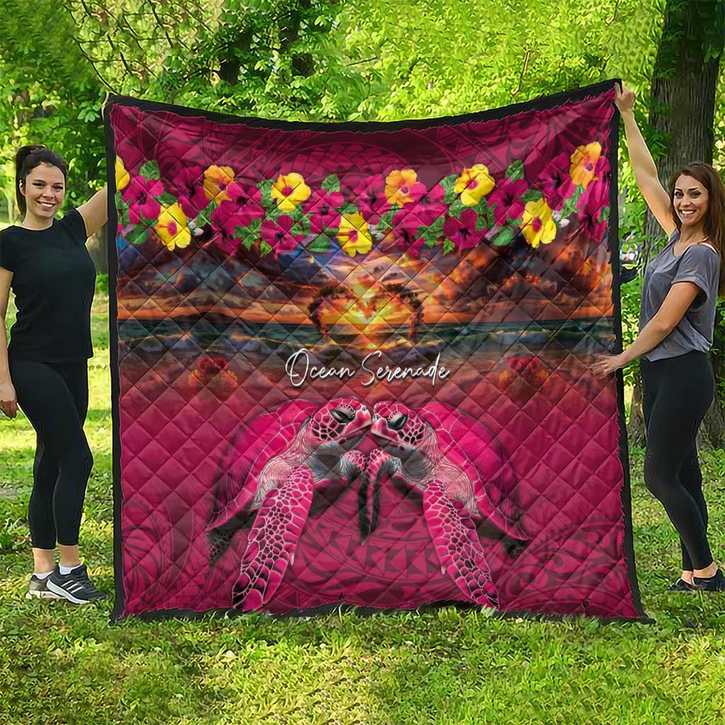 Hawaiian Turtle Love Couple Quilt Ocean Serenade - Honu Honi Ihu with Hibiscus and Romantic Sunset Pink Color LT03 - Polynesian Pride