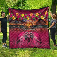 Hawaiian Turtle Love Couple Quilt Ocean Serenade - Honu Honi Ihu with Hibiscus and Romantic Sunset Pink Color LT03 - Polynesian Pride