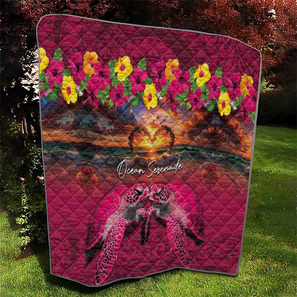 Hawaiian Turtle Love Couple Quilt Ocean Serenade - Honu Honi Ihu with Hibiscus and Romantic Sunset Pink Color LT03 - Polynesian Pride