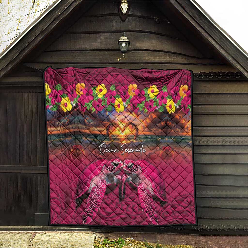 Hawaiian Turtle Love Couple Quilt Ocean Serenade - Honu Honi Ihu with Hibiscus and Romantic Sunset Pink Color LT03 - Polynesian Pride