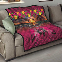 Hawaiian Turtle Love Couple Quilt Ocean Serenade - Honu Honi Ihu with Hibiscus and Romantic Sunset Pink Color LT03 - Polynesian Pride