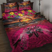 Hawaiian Turtle Love Couple Quilt Bed Set Ocean Serenade - Honu Honi Ihu with Hibiscus and Romantic Sunset Pink Color LT03 Pink - Polynesian Pride