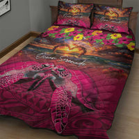 Hawaiian Turtle Love Couple Quilt Bed Set Ocean Serenade - Honu Honi Ihu with Hibiscus and Romantic Sunset Pink Color LT03 - Polynesian Pride