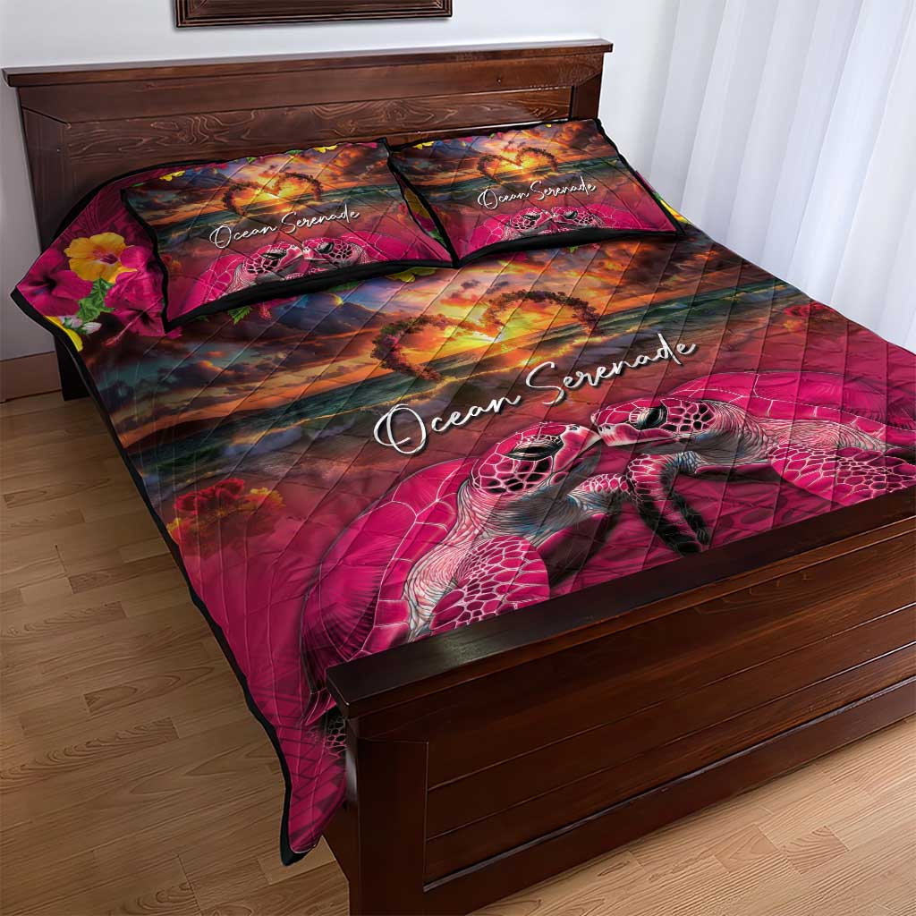 Hawaiian Turtle Love Couple Quilt Bed Set Ocean Serenade - Honu Honi Ihu with Hibiscus and Romantic Sunset Pink Color LT03 - Polynesian Pride