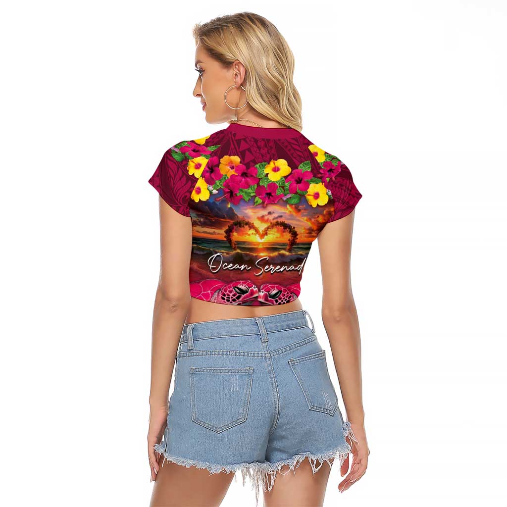 Hawaiian Turtle Love Couple Raglan Cropped T Shirt Ocean Serenade - Honu Honi Ihu with Hibiscus and Romantic Sunset Pink Color LT03 - Polynesian Pride