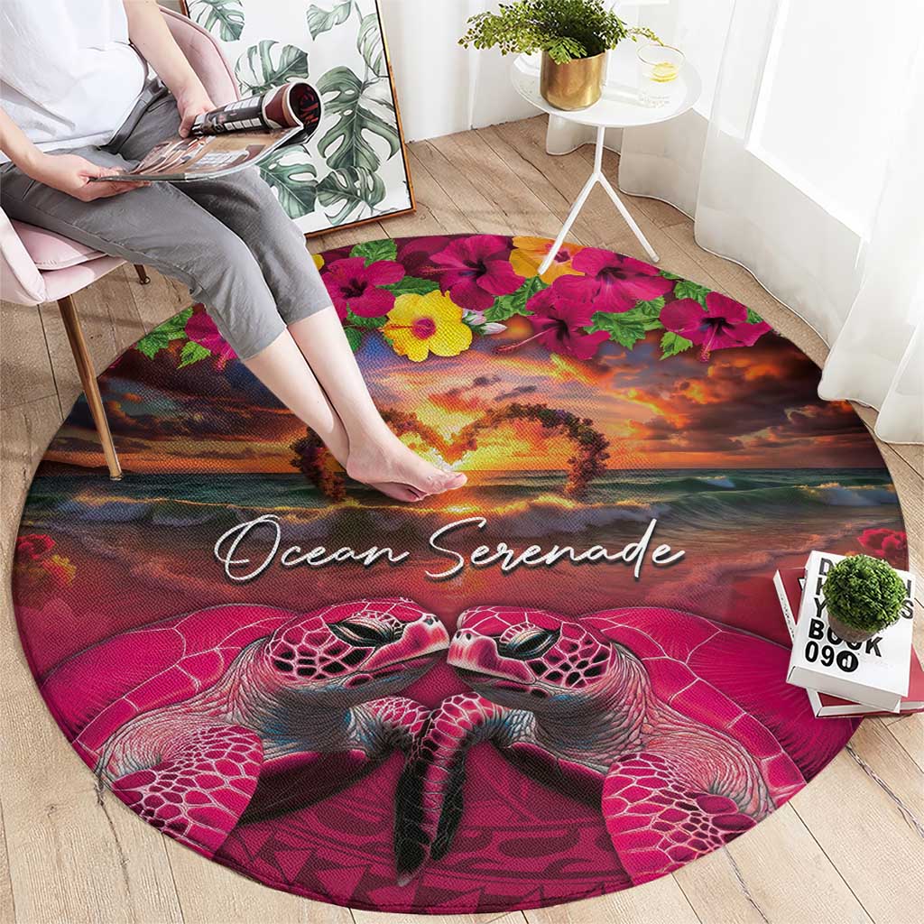 Hawaiian Turtle Love Couple Round Carpet Ocean Serenade - Honu Honi Ihu with Hibiscus and Romantic Sunset Pink Color LT03 - Polynesian Pride