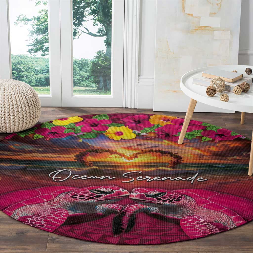 Hawaiian Turtle Love Couple Round Carpet Ocean Serenade - Honu Honi Ihu with Hibiscus and Romantic Sunset Pink Color LT03 - Polynesian Pride