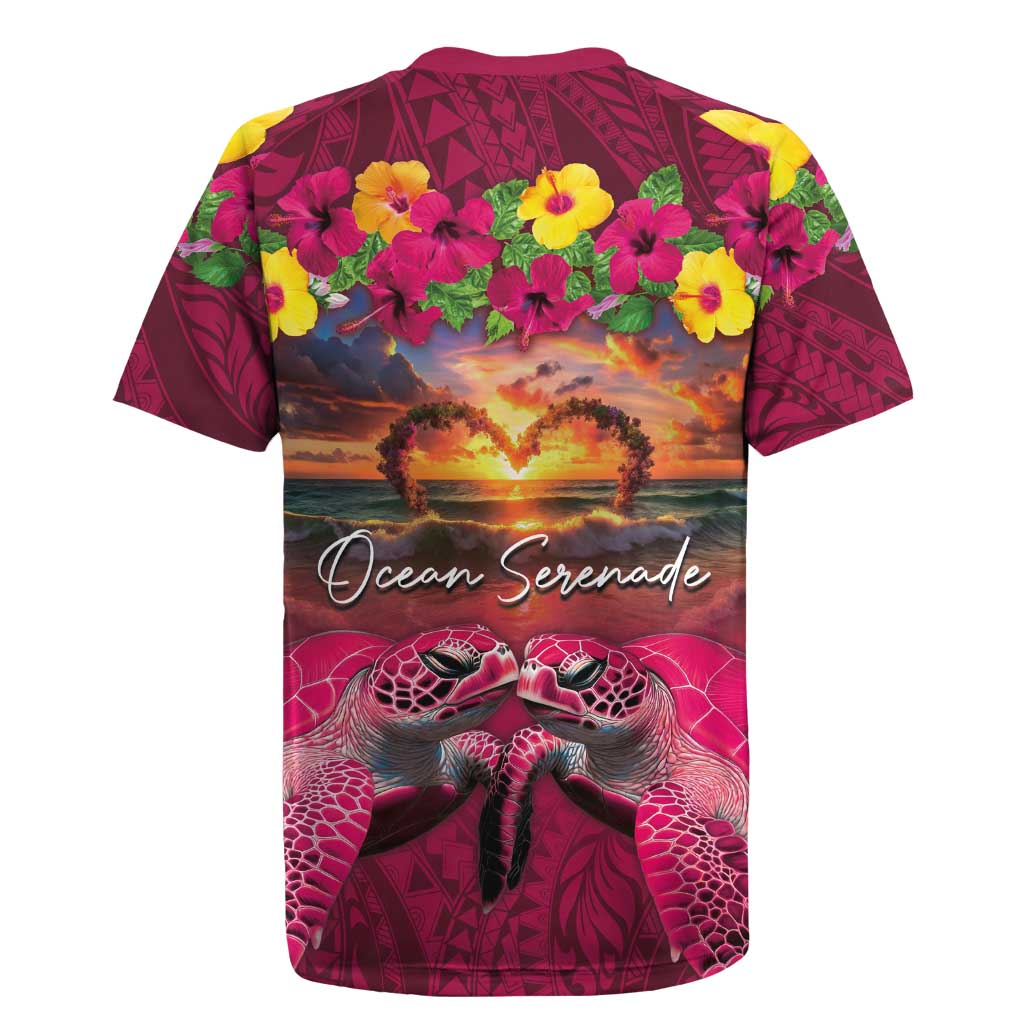 Hawaiian Turtle Love Couple Rugby Jersey Ocean Serenade - Honu Honi Ihu with Hibiscus and Romantic Sunset Pink Color LT03 - Polynesian Pride