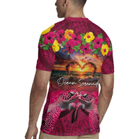 Hawaiian Turtle Love Couple Rugby Jersey Ocean Serenade - Honu Honi Ihu with Hibiscus and Romantic Sunset Pink Color LT03 - Polynesian Pride