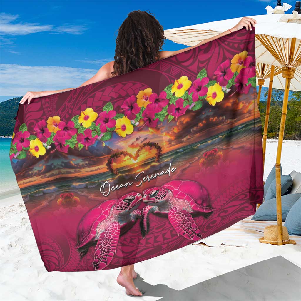 Hawaiian Turtle Love Couple Sarong Ocean Serenade - Honu Honi Ihu with Hibiscus and Romantic Sunset Pink Color LT03 One Size 44 x 66 inches Pink - Polynesian Pride