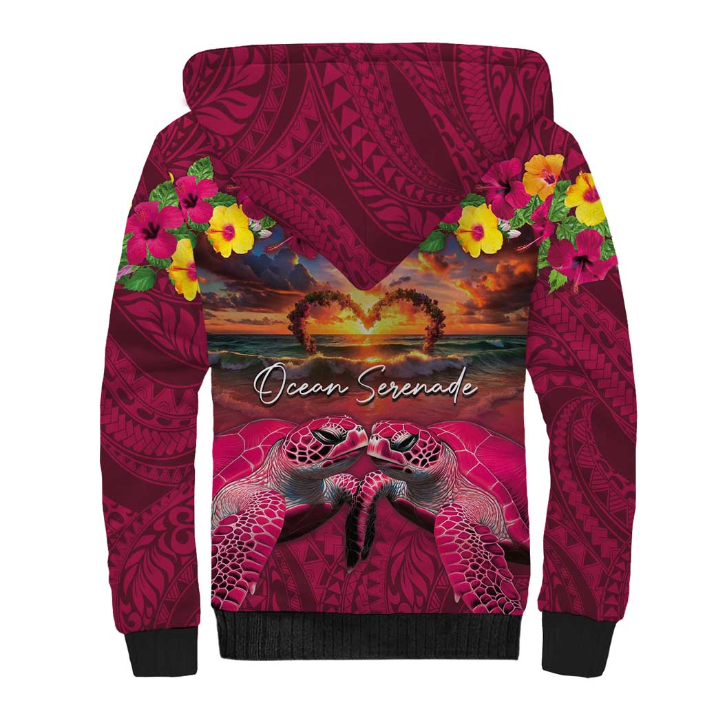 Hawaiian Turtle Love Couple Sherpa Hoodie Ocean Serenade - Honu Honi Ihu with Hibiscus and Romantic Sunset Pink Color LT03 - Polynesian Pride
