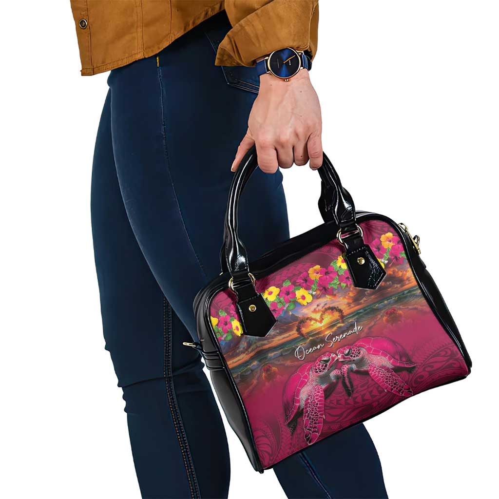 Hawaiian Turtle Love Couple Shoulder Handbag Ocean Serenade - Honu Honi Ihu with Hibiscus and Romantic Sunset Pink Color LT03 - Polynesian Pride