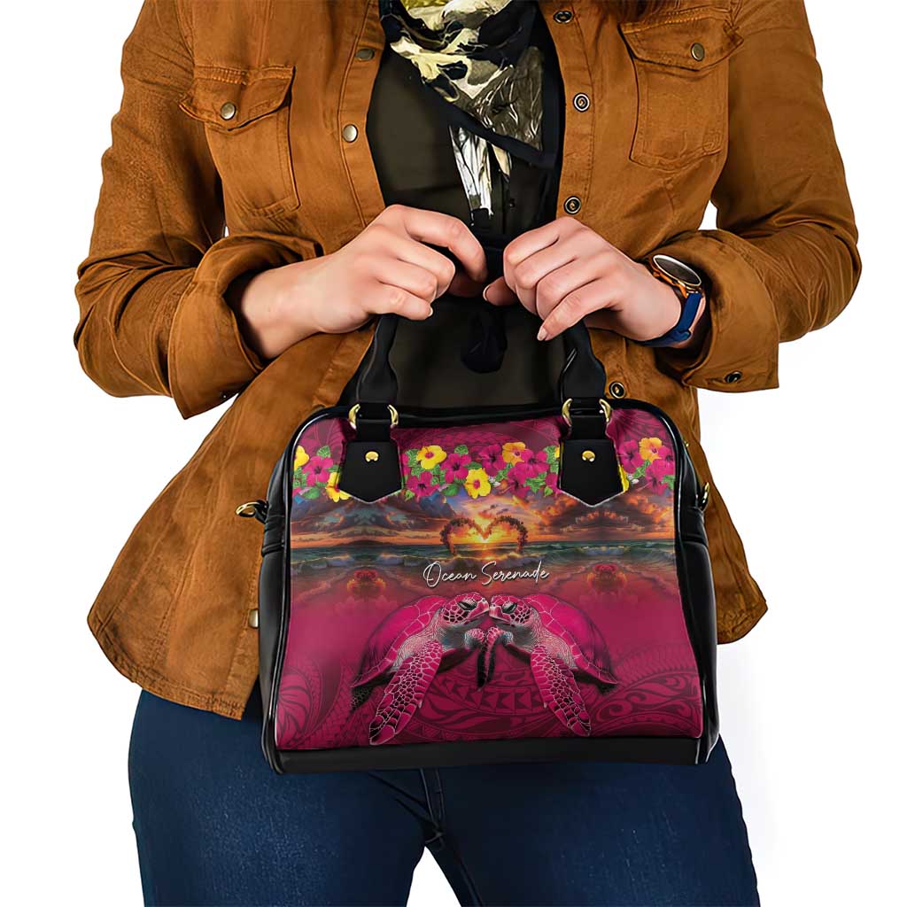 Hawaiian Turtle Love Couple Shoulder Handbag Ocean Serenade - Honu Honi Ihu with Hibiscus and Romantic Sunset Pink Color LT03 - Polynesian Pride