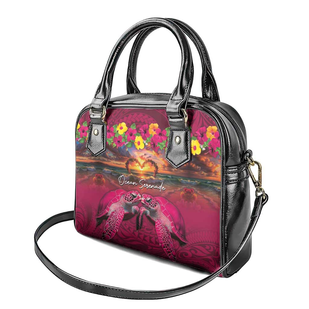 Hawaiian Turtle Love Couple Shoulder Handbag Ocean Serenade - Honu Honi Ihu with Hibiscus and Romantic Sunset Pink Color LT03 - Polynesian Pride