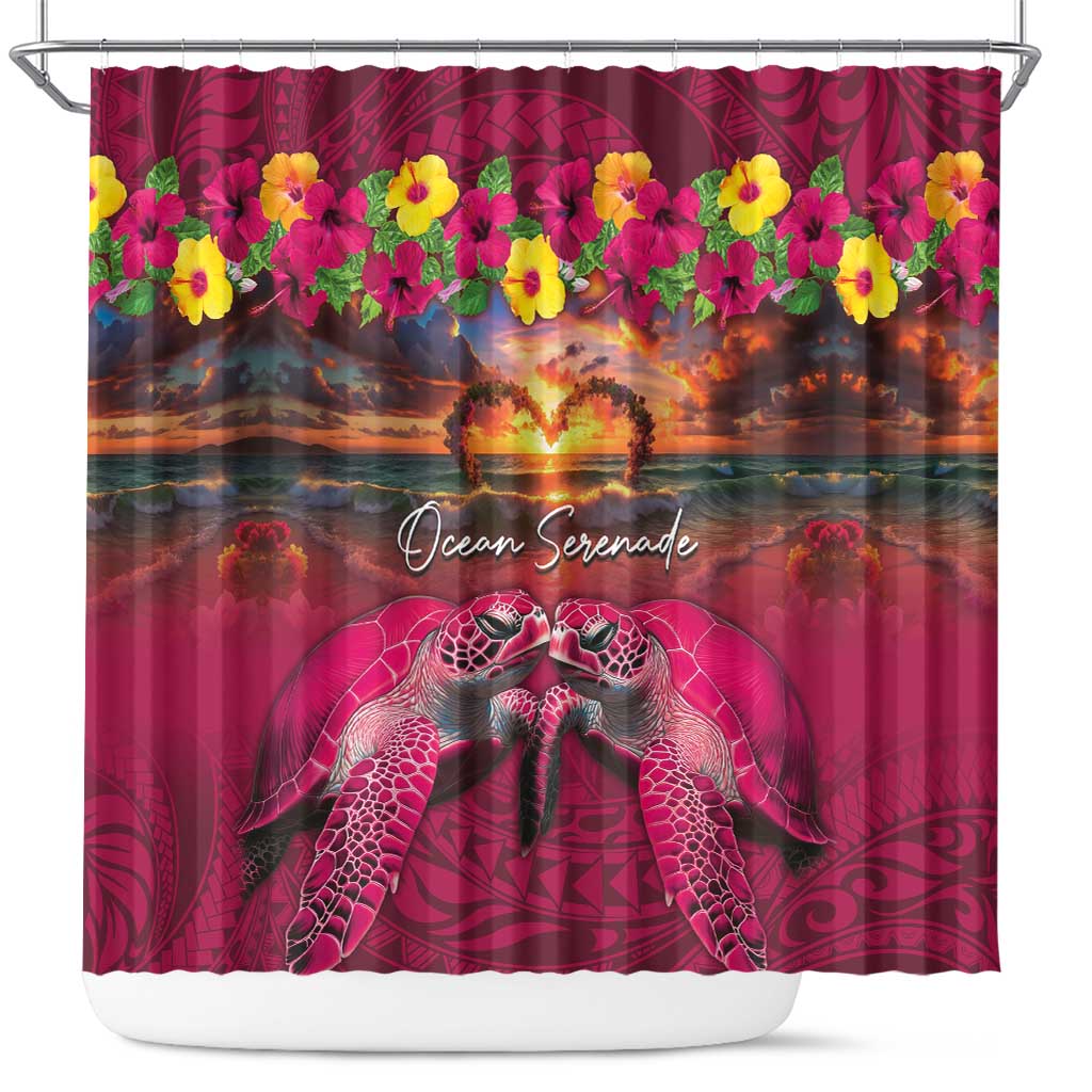 Hawaiian Turtle Love Couple Shower Curtain Ocean Serenade - Honu Honi Ihu with Hibiscus and Romantic Sunset Pink Color LT03 Pink - Polynesian Pride