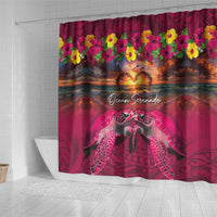 Hawaiian Turtle Love Couple Shower Curtain Ocean Serenade - Honu Honi Ihu with Hibiscus and Romantic Sunset Pink Color LT03 - Polynesian Pride