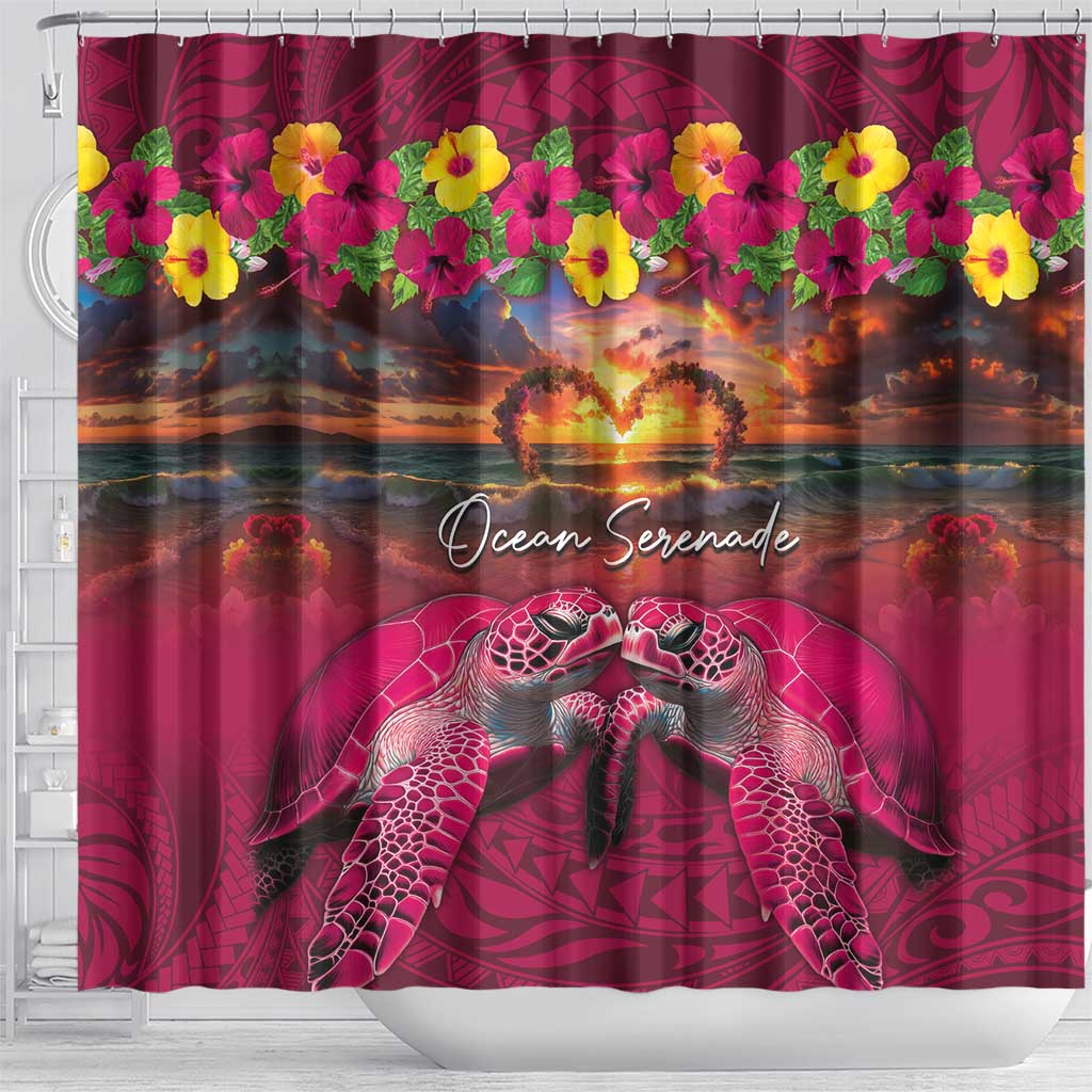 Hawaiian Turtle Love Couple Shower Curtain Ocean Serenade - Honu Honi Ihu with Hibiscus and Romantic Sunset Pink Color LT03 - Polynesian Pride