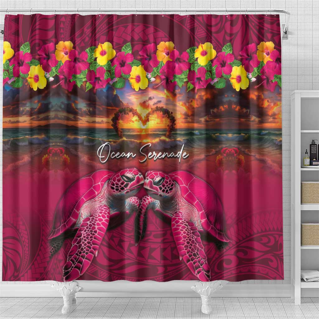 Hawaiian Turtle Love Couple Shower Curtain Ocean Serenade - Honu Honi Ihu with Hibiscus and Romantic Sunset Pink Color LT03 - Polynesian Pride