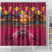 Hawaiian Turtle Love Couple Shower Curtain Ocean Serenade - Honu Honi Ihu with Hibiscus and Romantic Sunset Pink Color LT03 - Polynesian Pride