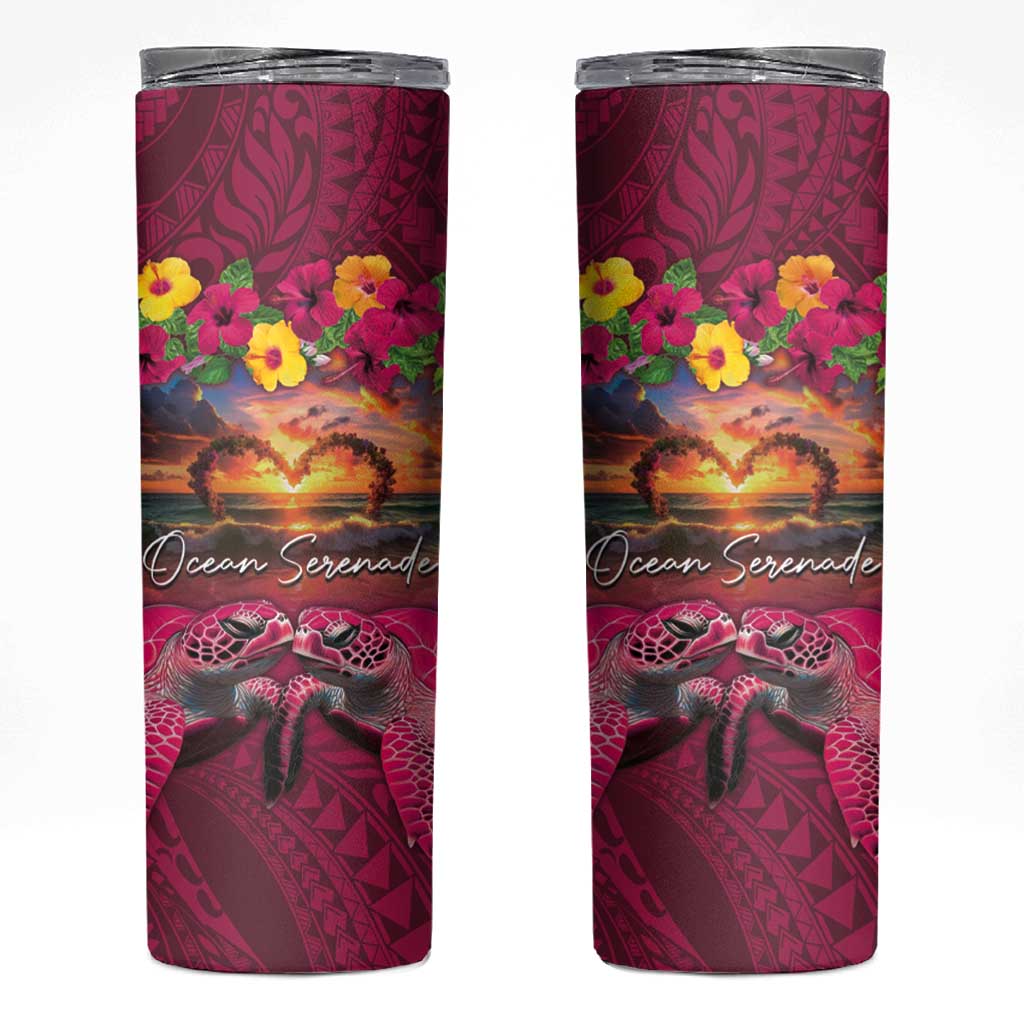 Hawaiian Turtle Love Couple Skinny Tumbler Ocean Serenade - Honu Honi Ihu with Hibiscus and Romantic Sunset Pink Color LT03 Pink - Polynesian Pride