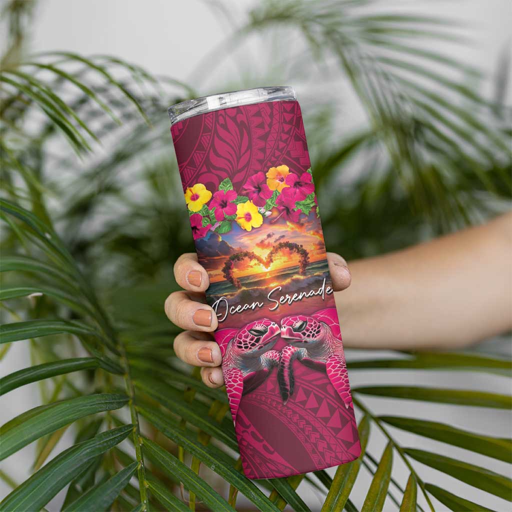 Hawaiian Turtle Love Couple Skinny Tumbler Ocean Serenade - Honu Honi Ihu with Hibiscus and Romantic Sunset Pink Color LT03 - Polynesian Pride