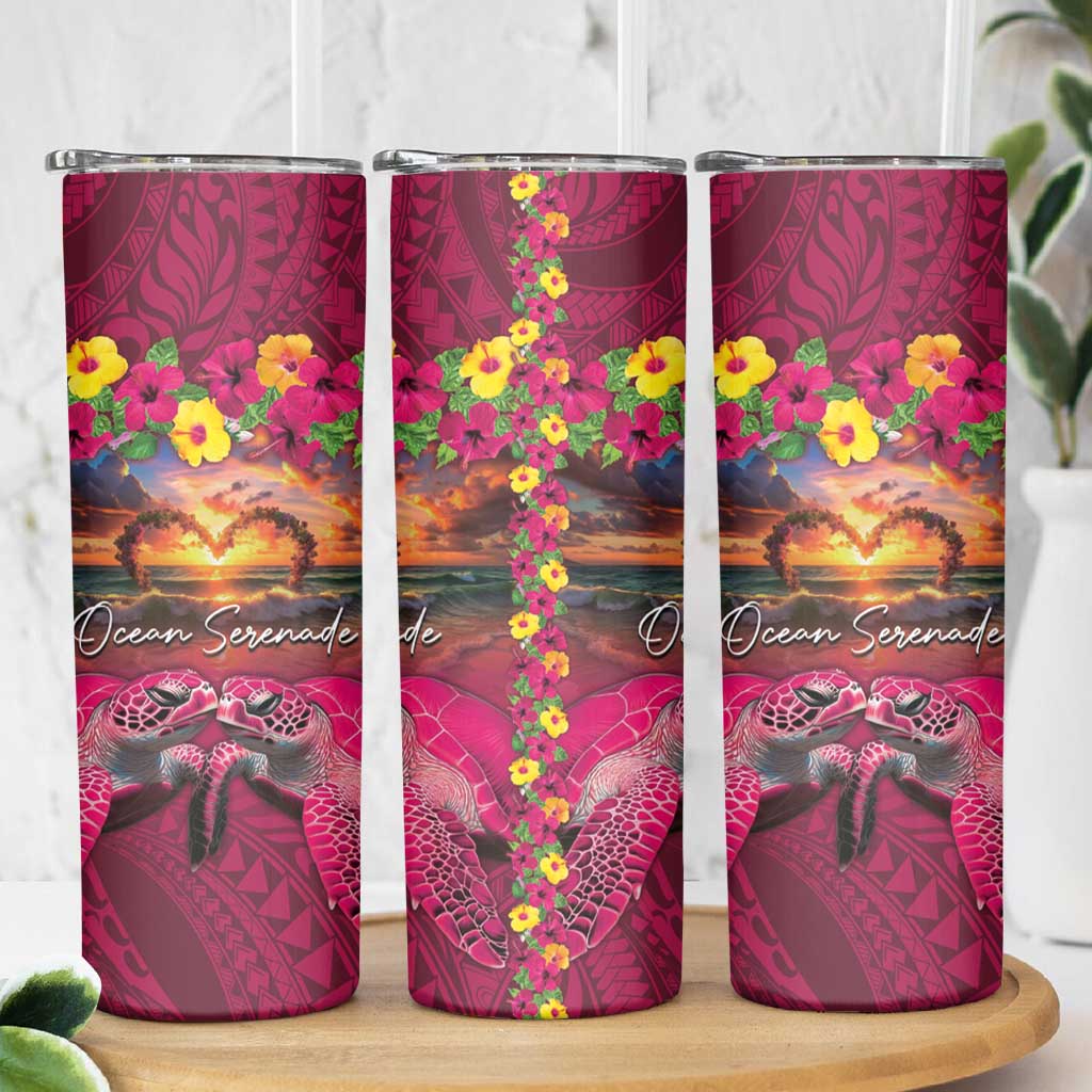 Hawaiian Turtle Love Couple Skinny Tumbler Ocean Serenade - Honu Honi Ihu with Hibiscus and Romantic Sunset Pink Color LT03 - Polynesian Pride