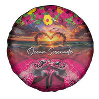 Hawaiian Turtle Love Couple Spare Tire Cover Ocean Serenade - Honu Honi Ihu with Hibiscus and Romantic Sunset Pink Color LT03 - Polynesian Pride