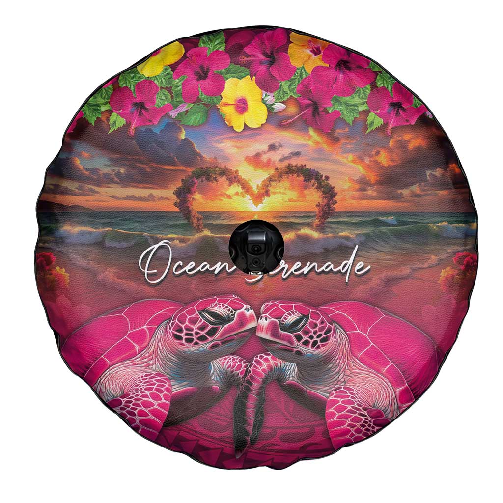Hawaiian Turtle Love Couple Spare Tire Cover Ocean Serenade - Honu Honi Ihu with Hibiscus and Romantic Sunset Pink Color LT03 - Polynesian Pride