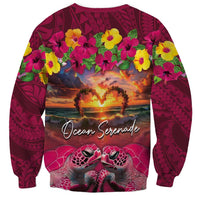 Hawaiian Turtle Love Couple Sweatshirt Ocean Serenade - Honu Honi Ihu with Hibiscus and Romantic Sunset Pink Color LT03 - Polynesian Pride