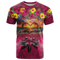 Hawaiian Turtle Love Couple T Shirt Ocean Serenade - Honu Honi Ihu with Hibiscus and Romantic Sunset Pink Color LT03 Pink - Polynesian Pride