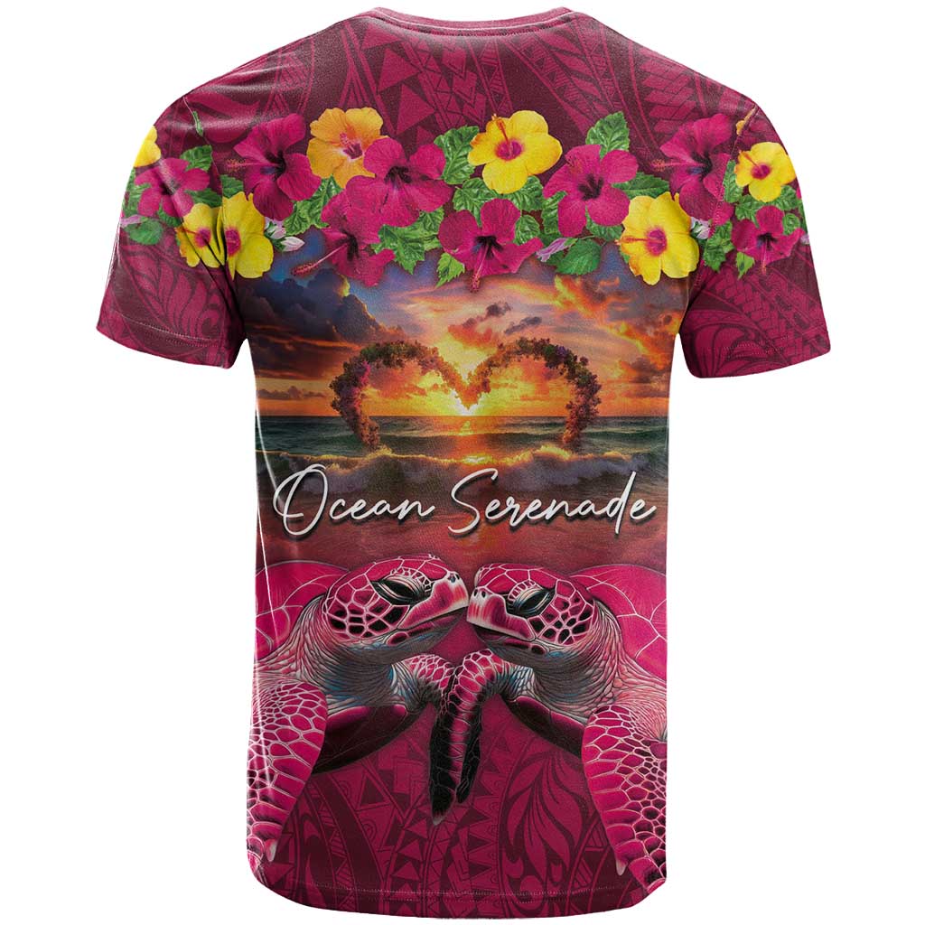 Hawaiian Turtle Love Couple T Shirt Ocean Serenade - Honu Honi Ihu with Hibiscus and Romantic Sunset Pink Color LT03 - Polynesian Pride