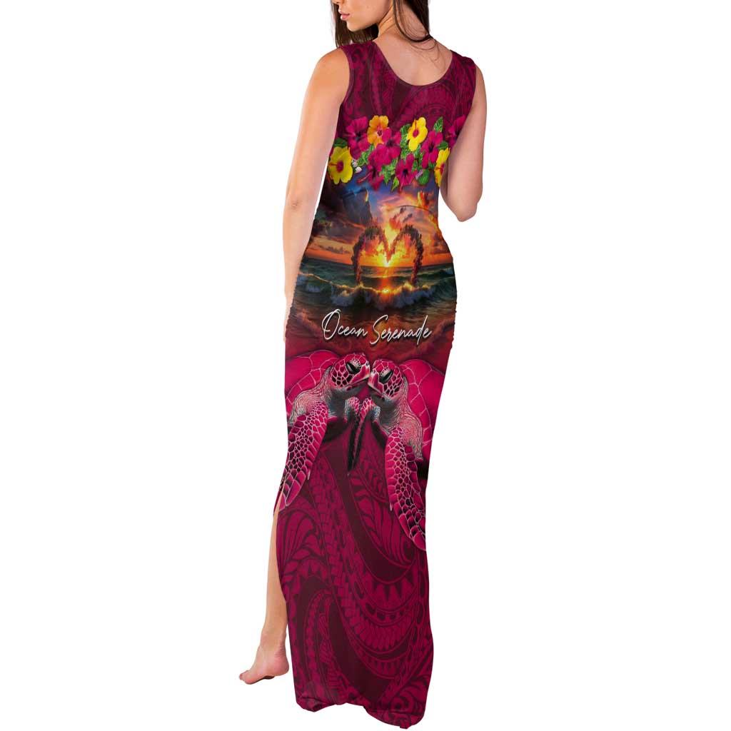 Hawaiian Turtle Love Couple Tank Maxi Dress Ocean Serenade - Honu Honi Ihu with Hibiscus and Romantic Sunset Pink Color LT03 - Polynesian Pride