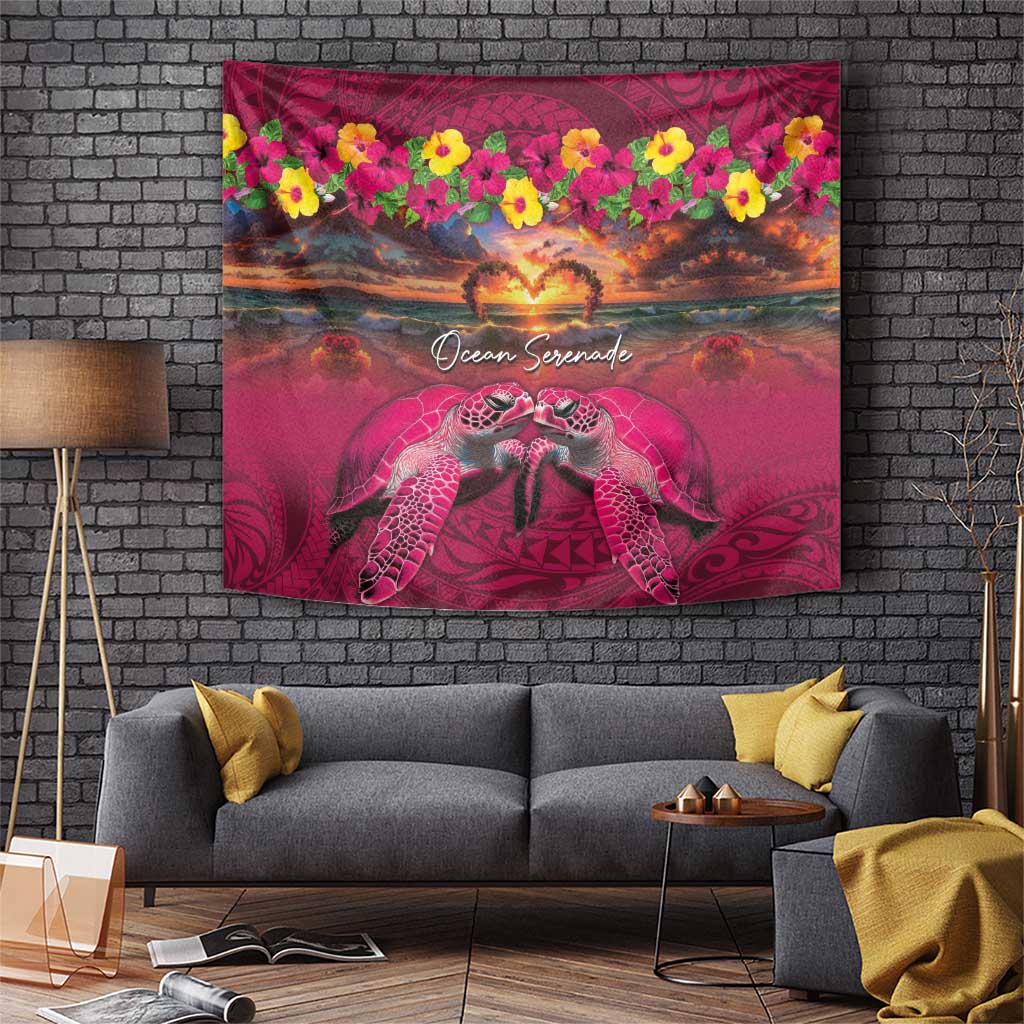 Hawaiian Turtle Love Couple Tapestry Ocean Serenade - Honu Honi Ihu with Hibiscus and Romantic Sunset Pink Color LT03 Pink - Polynesian Pride