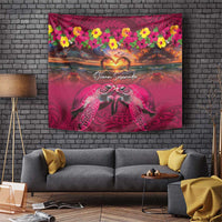 Hawaiian Turtle Love Couple Tapestry Ocean Serenade - Honu Honi Ihu with Hibiscus and Romantic Sunset Pink Color LT03 Pink - Polynesian Pride