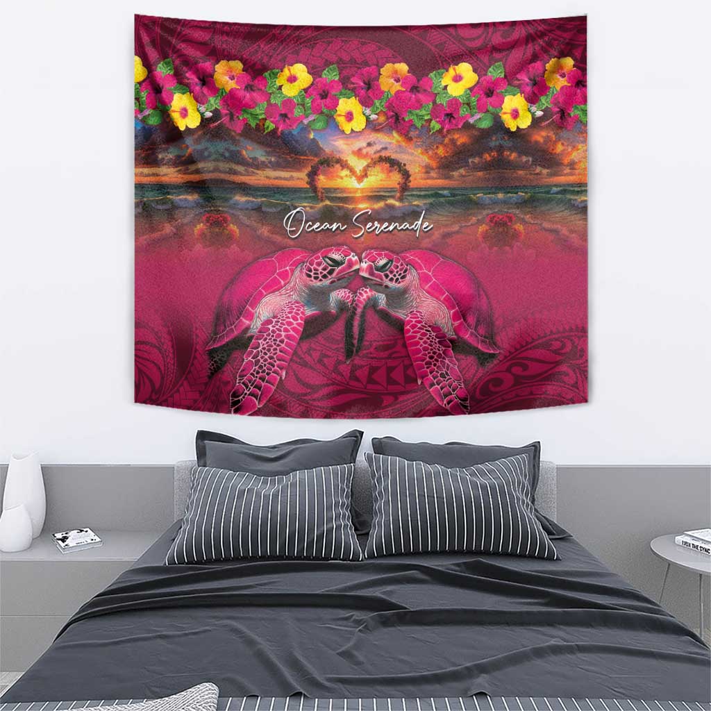 Hawaiian Turtle Love Couple Tapestry Ocean Serenade - Honu Honi Ihu with Hibiscus and Romantic Sunset Pink Color LT03 - Polynesian Pride
