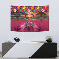 Hawaiian Turtle Love Couple Tapestry Ocean Serenade - Honu Honi Ihu with Hibiscus and Romantic Sunset Pink Color LT03 - Polynesian Pride