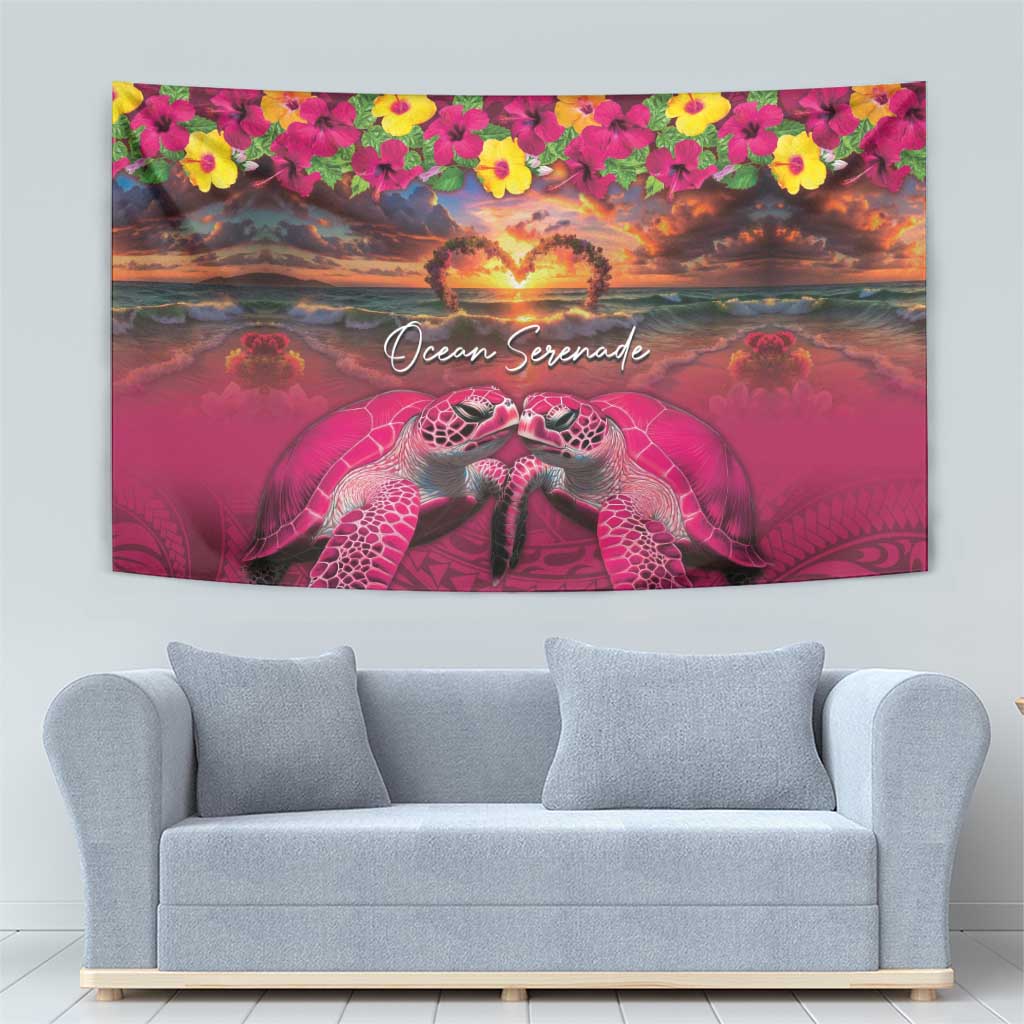 Hawaiian Turtle Love Couple Tapestry Ocean Serenade - Honu Honi Ihu with Hibiscus and Romantic Sunset Pink Color LT03 - Polynesian Pride