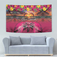 Hawaiian Turtle Love Couple Tapestry Ocean Serenade - Honu Honi Ihu with Hibiscus and Romantic Sunset Pink Color LT03 - Polynesian Pride