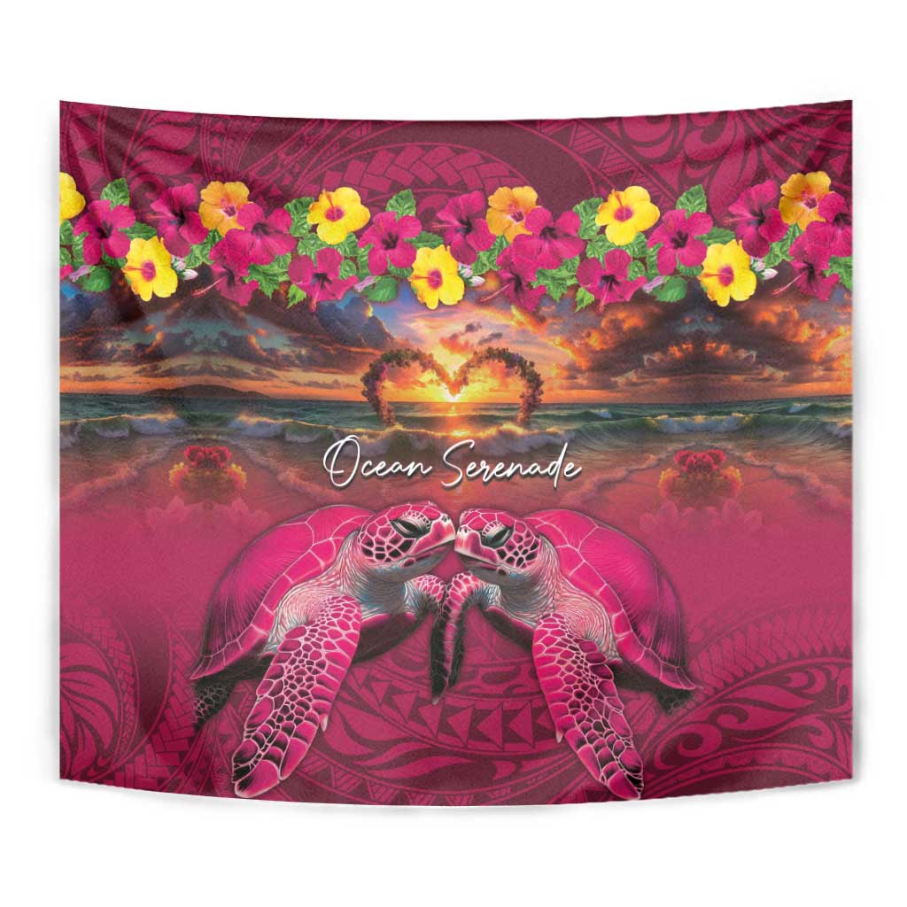 Hawaiian Turtle Love Couple Tapestry Ocean Serenade - Honu Honi Ihu with Hibiscus and Romantic Sunset Pink Color LT03 - Polynesian Pride