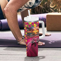 Hawaiian Turtle Love Couple Tumbler With Handle Ocean Serenade - Honu Honi Ihu with Hibiscus and Romantic Sunset Pink Color LT03 - Polynesian Pride
