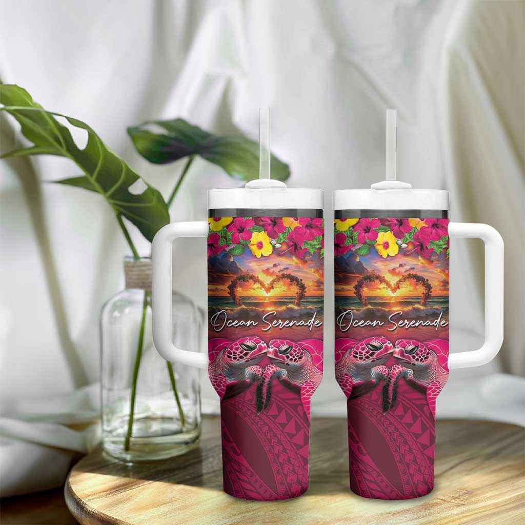 Hawaiian Turtle Love Couple Tumbler With Handle Ocean Serenade - Honu Honi Ihu with Hibiscus and Romantic Sunset Pink Color LT03 - Polynesian Pride