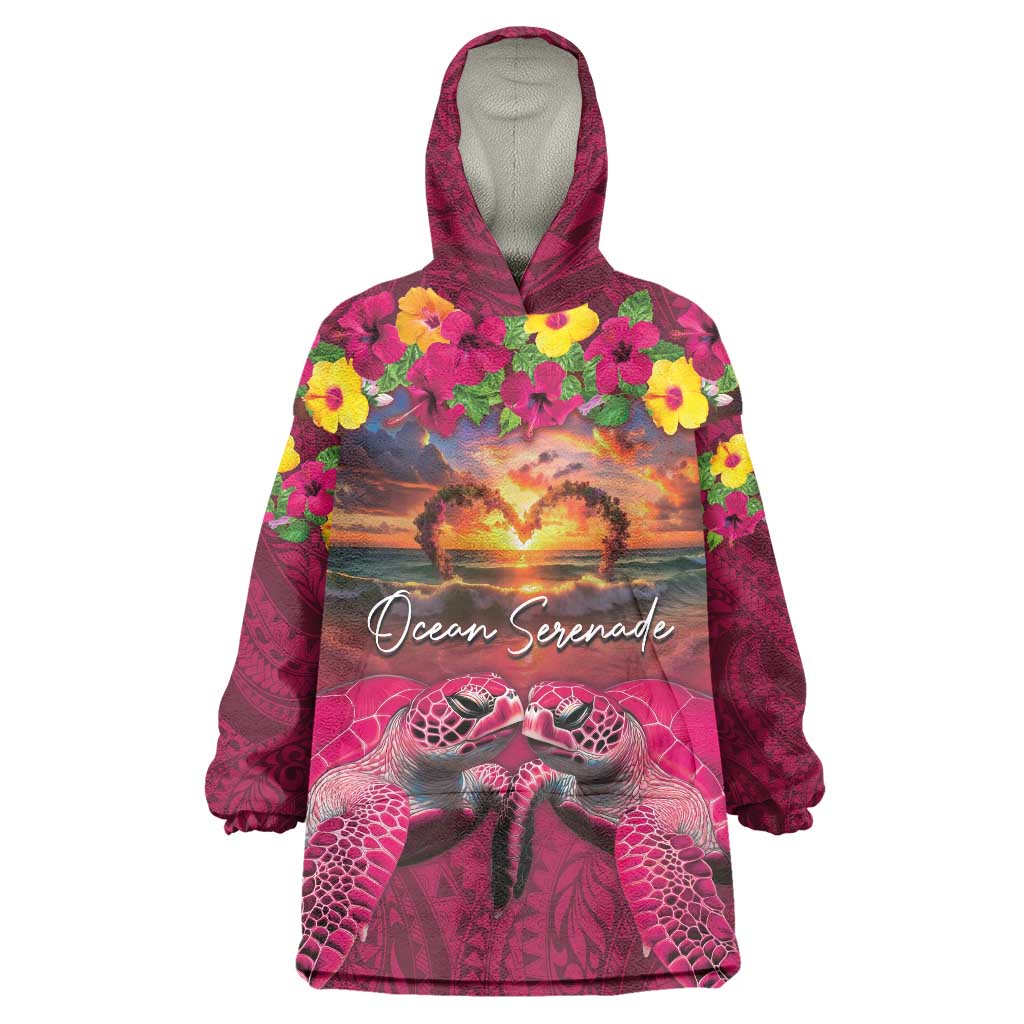 Hawaiian Turtle Love Couple Wearable Blanket Hoodie Ocean Serenade - Honu Honi Ihu with Hibiscus and Romantic Sunset Pink Color LT03 One Size Pink - Polynesian Pride
