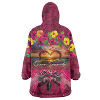 Hawaiian Turtle Love Couple Wearable Blanket Hoodie Ocean Serenade - Honu Honi Ihu with Hibiscus and Romantic Sunset Pink Color LT03 - Polynesian Pride