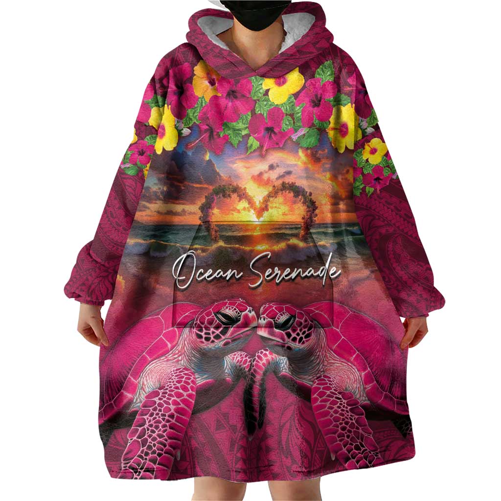Hawaiian Turtle Love Couple Wearable Blanket Hoodie Ocean Serenade - Honu Honi Ihu with Hibiscus and Romantic Sunset Pink Color LT03 - Polynesian Pride