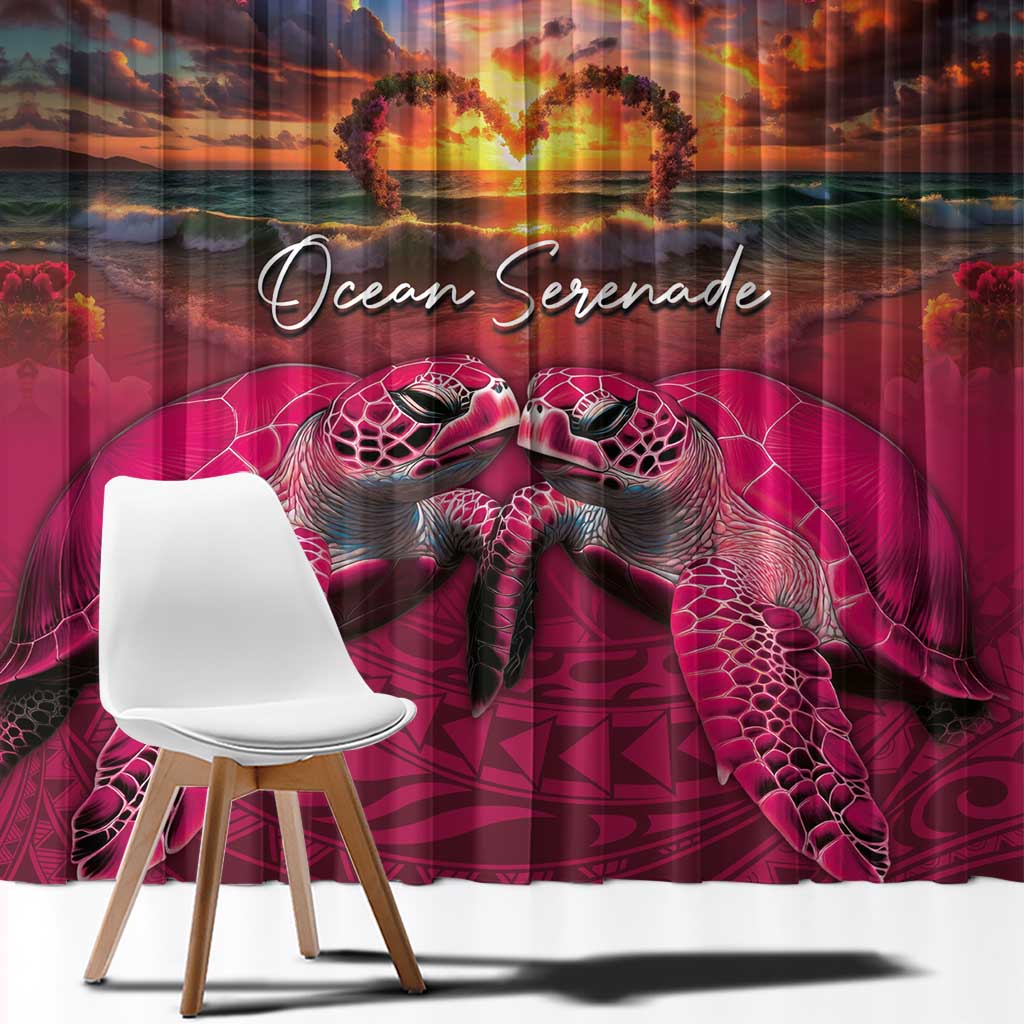 Hawaiian Turtle Love Couple Window Curtain Ocean Serenade - Honu Honi Ihu with Hibiscus and Romantic Sunset Pink Color LT03 - Polynesian Pride