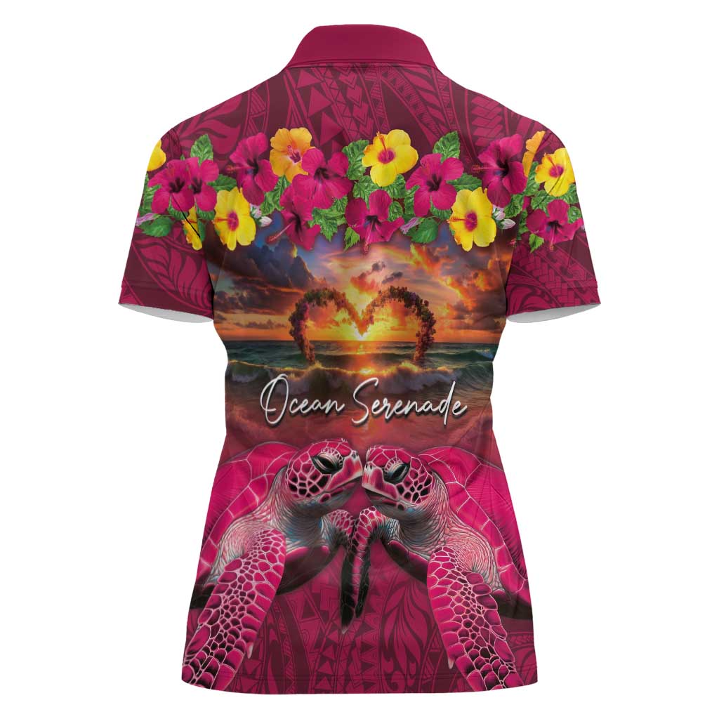 Hawaiian Turtle Love Couple Women Polo Shirt Ocean Serenade - Honu Honi Ihu with Hibiscus and Romantic Sunset Pink Color LT03 - Polynesian Pride