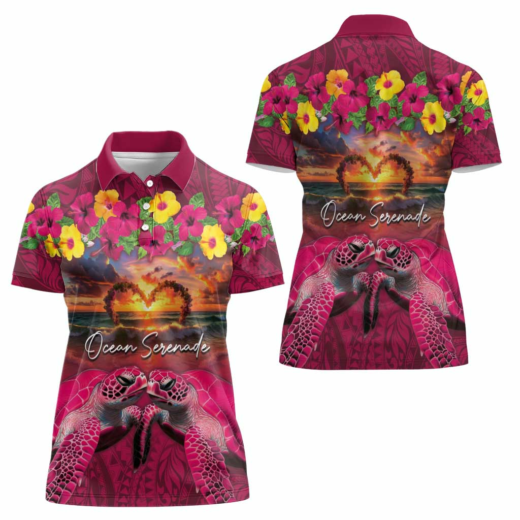 Hawaiian Turtle Love Couple Women Polo Shirt Ocean Serenade - Honu Honi Ihu with Hibiscus and Romantic Sunset Pink Color LT03 - Polynesian Pride